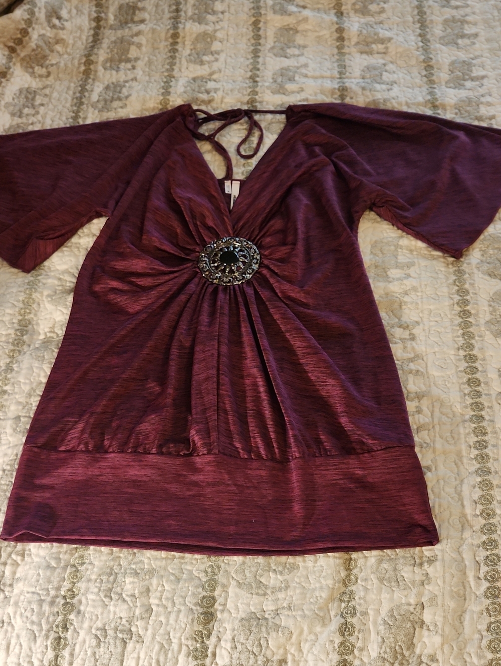 Studio Y Deep Plum V-Neck Tunic with Center Jewel Accent